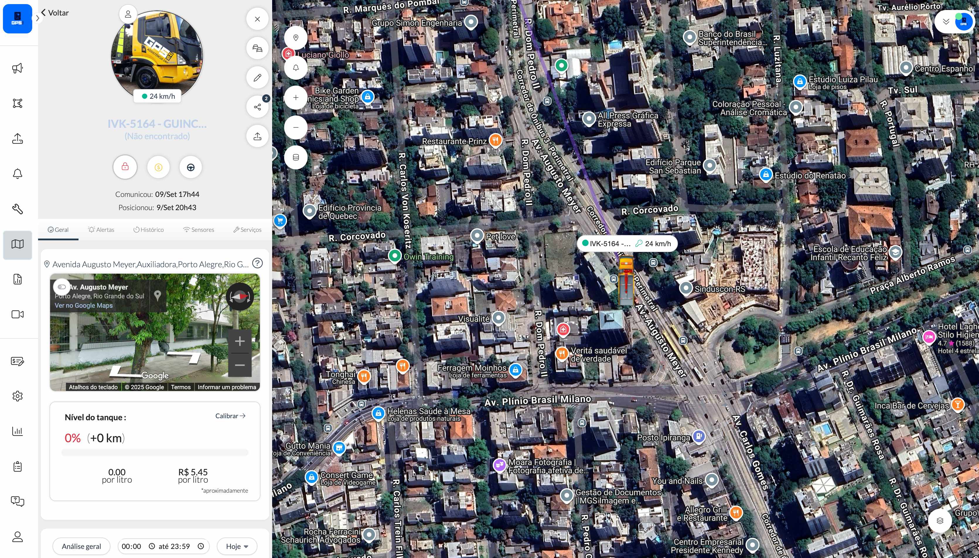 Interface do sistema de rastreamento GPS mostrando monitoramento em tempo real